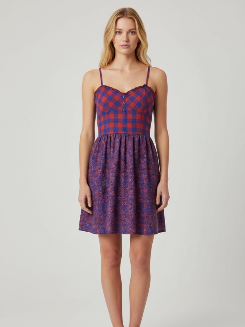 Kensie Mixed Pattern Gingham & Floral Sundress Blue Red Size Large
